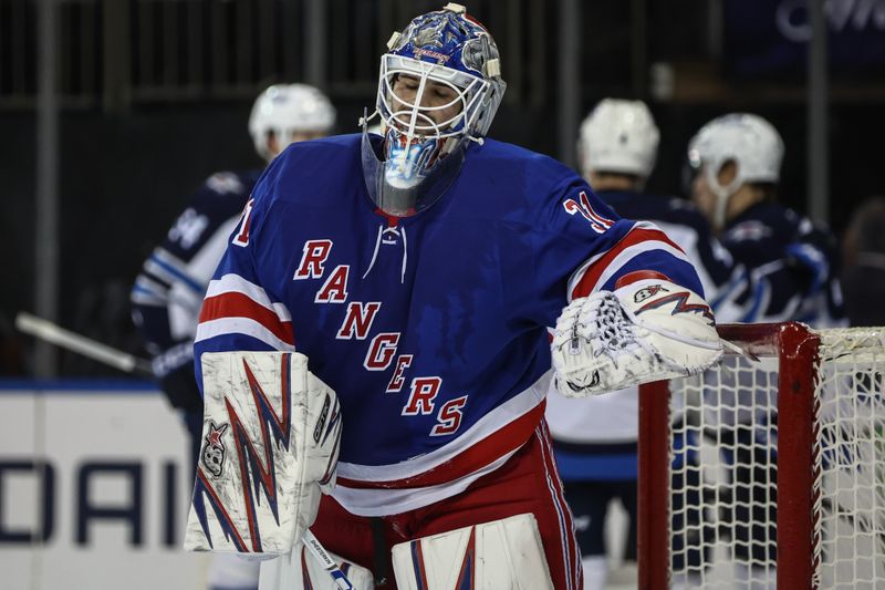 Nov 12, 2024; New York, New York, USA;  New York Rangers goaltender Igor Shesterkin (31) reacts after allowing a goal in the third period against the Winnipeg Jets at Madison Square Garden. Mandatory Credit: Wendell Cruz-Imagn Images