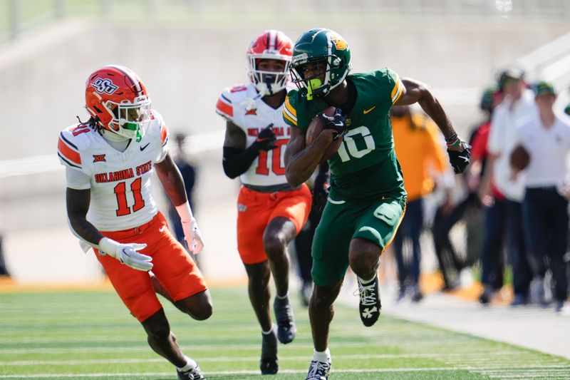 Oct 26, 2024; Waco, Texas, USA;  Baylor Bears wide receiver Hal Presley (16) makes a catch against Oklahoma State Cowboys safety Dylan Smith (11) during the first half at McLane Stadium. Mandatory Credit: Chris Jones-Imagn Images