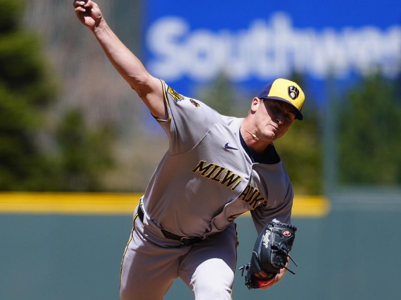 Apr 10, 2025; Denver, Colorado, USA; Milwaukee Brewers starting pitcher Quinn Priester (46) delivers a pitch in the first inning against the Colorado Rockies at Coors Field. Mandatory Credit: Ron Chenoy-Imagn Images