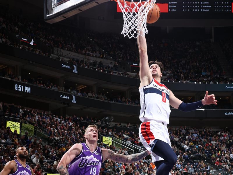 SALT LAKE CITY, UT - MARCH 4:  Deni Avdija #8 of the Washington Wizards drives to the basket during the game against the Utah Jazz on March 4, 2024 at vivint.SmartHome Arena in Salt Lake City, Utah. NOTE TO USER: User expressly acknowledges and agrees that, by downloading and or using this Photograph, User is consenting to the terms and conditions of the Getty Images License Agreement. Mandatory Copyright Notice: Copyright 2024 NBAE (Photo by Melissa Majchrzak/NBAE via Getty Images)