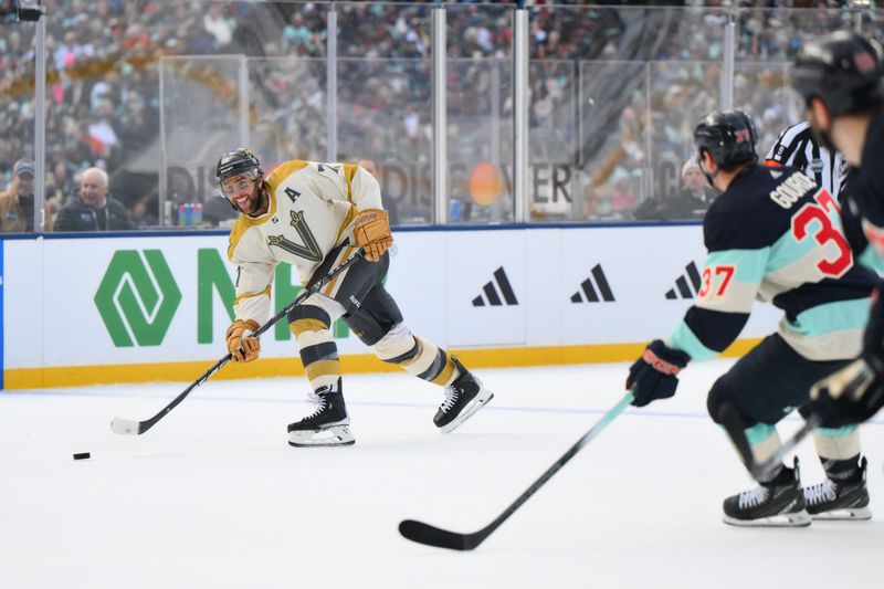 Jan 1, 2024; Seattle, Washington, USA; Vegas Golden Knights defenseman Alex Pietrangelo (7) passes the puck against the Seattle Kraken during the 3rd period in the 2024 Winter Classic ice hockey game at T-Mobile Park. Mandatory Credit: Steven Bisig-USA TODAY Sports