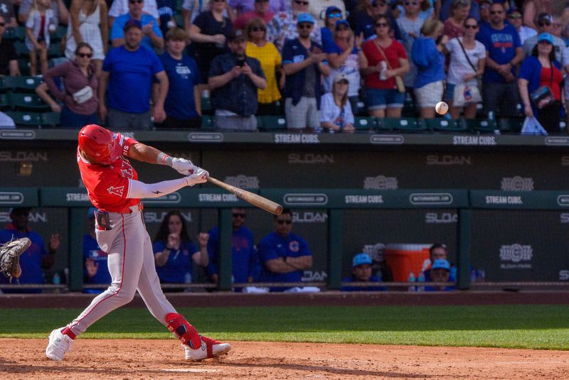Feb 27, 2025; Mesa, Arizona, USA; Los Angeles Angels infielder Kyren Paris (19) hits a home run in the top of the ninth with two outs during a spring training game against the Chicago Cubs at Sloan Park to tie the game 4-4. Mandatory Credit: Allan Henry-Imagn Images