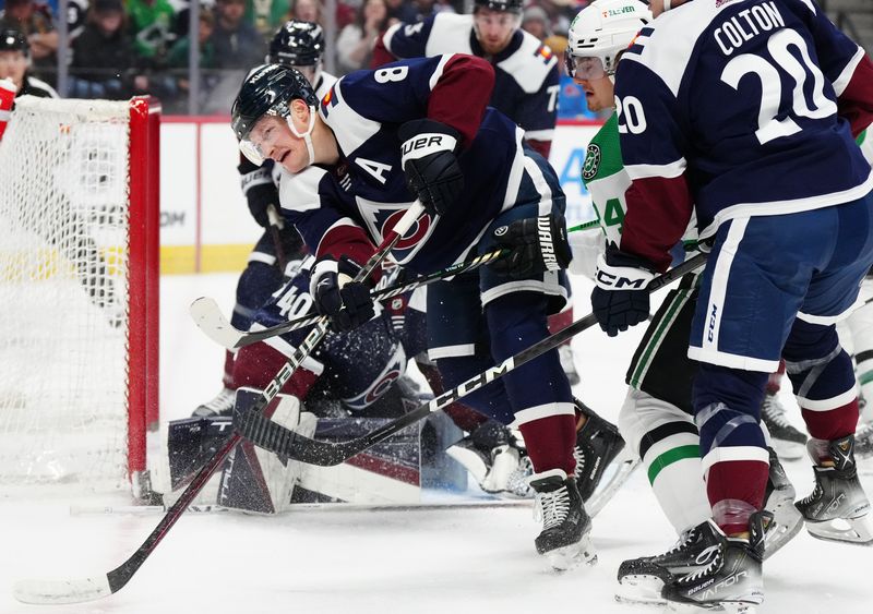 Apr 7, 2024; Denver, Colorado, USA; Colorado Avalanche defenseman Cale Makar (8) defends the crease in the first period against the Dallas Stars at Ball Arena. Mandatory Credit: Ron Chenoy-USA TODAY Sports