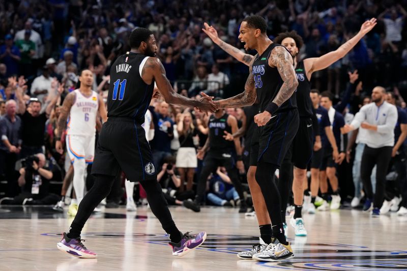 DALLAS, TEXAS - MAY 18: P.J. Washington #25 and Kyrie Irving #11 of the Dallas Mavericks high five during the fourth quarter against the Oklahoma City Thunder in Game Six of the Western Conference Second Round Playoffs at American Airlines Center on May 18, 2024 in Dallas, Texas. NOTE TO USER: User expressly acknowledges and agrees that, by downloading and or using this photograph, User is consenting to the terms and conditions of the Getty Images License Agreement. (Photo by Sam Hodde/Getty Images)