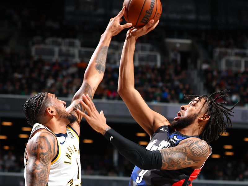 BROOKLYN, NY - APRIL 3: Obi Toppin #1 of the Indiana Pacers blocks a shot during the game against the Brooklyn Nets on April 3, 2024 at Barclays Center in Brooklyn, New York. NOTE TO USER: User expressly acknowledges and agrees that, by downloading and or using this Photograph, user is consenting to the terms and conditions of the Getty Images License Agreement. Mandatory Copyright Notice: Copyright 2024 NBAE (Photo by David L. Nemec/NBAE via Getty Images)