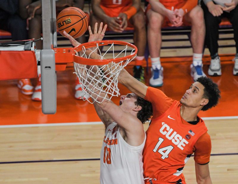 Feb 22, 2023; Clemson, South Carolina, USA; Clemson sophomore forward Ben Middlebrooks (10) shoots against Syracuse center Jesse Edwards (14) during the first half at Littlejohn Coliseum. Mandatory Credit: Ken Ruinard-USA TODAY Sports