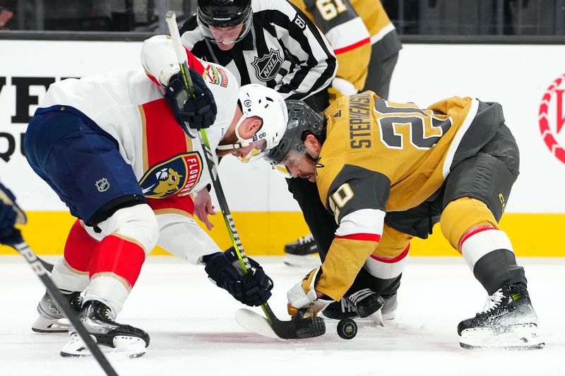 Jan 4, 2024; Las Vegas, Nevada, USA; Florida Panthers center Sam Bennett (9) wins a face off against Vegas Golden Knights center Chandler Stephenson (20) during the second period at T-Mobile Arena. Mandatory Credit: Stephen R. Sylvanie-USA TODAY Sports