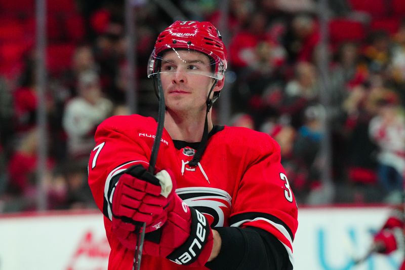 Jan 13, 2024; Raleigh, North Carolina, USA;  Carolina Hurricanes right wing Andrei Svechnikov (37) looks on during the warmups before the game against the Pittsburgh Penguins at PNC Arena. Mandatory Credit: James Guillory-USA TODAY Sports