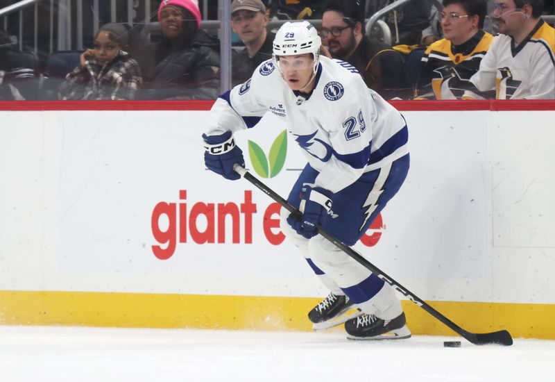 Jan 13, 2026; Pittsburgh, Pennsylvania, USA; Tampa Bay Lightning right wing Pontus Holmberg (29) handles the puck against the Pittsburgh Penguins during the third period at PPG Paints Arena. Mandatory Credit: Charles LeClaire-Imagn Images Jan 13, 2026; Pittsburgh, Pennsylvania, USA; Tampa Bay Lightning right wing Pontus Holmberg (29) handles the puck against the Pittsburgh Penguins during the third period at PPG Paints Arena. Mandatory Credit: Charles LeClaire-Imagn Images