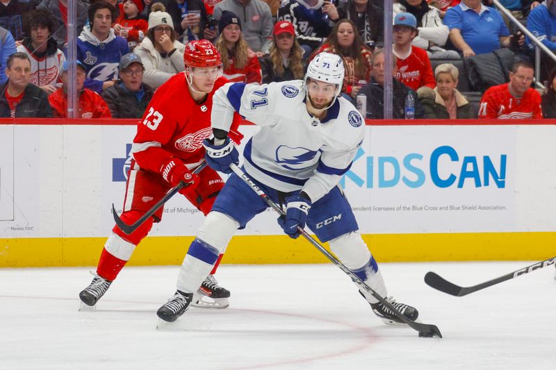 Jan 21, 2024; Detroit, Michigan, USA; Tampa Bay Lightning center Anthony Cirelli (71) handles the puck during the third period against the Detroit Red Wings at Little Caesars Arena. Mandatory Credit: Brian Bradshaw Sevald-USA TODAY Sports