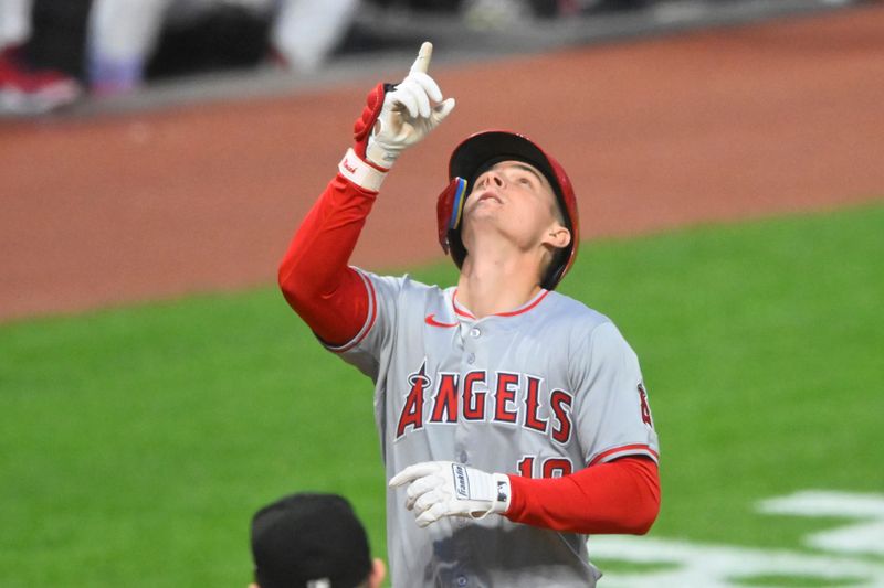 May 3, 2024; Cleveland, Ohio, USA; Los Angeles Angels center fielder Mickey Moniak (16) celebrates his two-run home run in the fourth inning against the Cleveland Guardians at Progressive Field. Mandatory Credit: David Richard-USA TODAY Sports