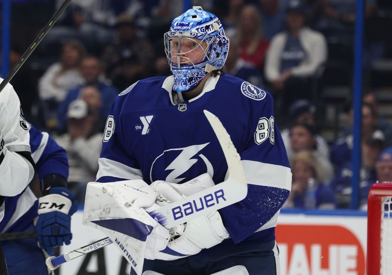Jan 30, 2025; Tampa, Florida, USA; Tampa Bay Lightning goaltender Andrei Vasilevskiy (88) looks on against the Los Angeles Kings during the second period at Amalie Arena. Mandatory Credit: Kim Klement Neitzel-Imagn Images