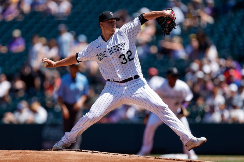 Aug 20, 2023; Denver, Colorado, USA; Colorado Rockies starting pitcher Chris Flexen (32) pitches in the first inning against the Chicago White Sox at Coors Field. Mandatory Credit: Isaiah J. Downing-USA TODAY Sports