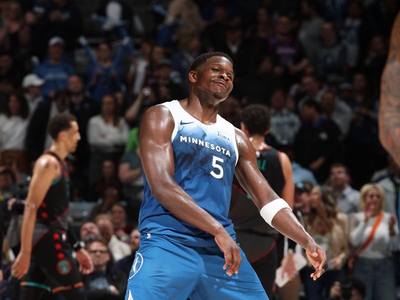 MINNEAPOLIS, MN -  APRIL 9:  Anthony Edwards #5 of the Minnesota Timberwolves celebrates during the game against the Washington Wizards on April 9, 2024 at Target Center in Minneapolis, Minnesota. NOTE TO USER: User expressly acknowledges and agrees that, by downloading and or using this Photograph, user is consenting to the terms and conditions of the Getty Images License Agreement. Mandatory Copyright Notice: Copyright 2024 NBAE (Photo by David Sherman/NBAE via Getty Images)