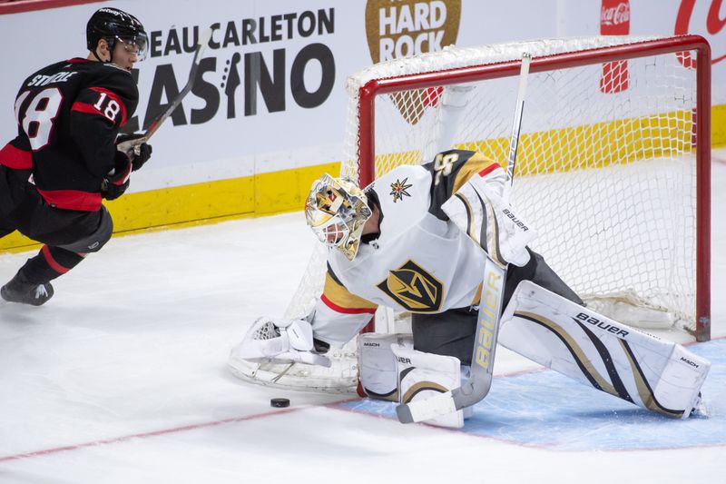 Feb 24, 2024; Ottawa, Ontario, CAN; Vegas Golden Knights goalie Logan Thompson (36) covers the puck as Ottawa Senators center Tim Stutzle (18) skates past in the third period at the Canadian Tire Centre. Mandatory Credit: Marc DesRosiers-USA TODAY Sports