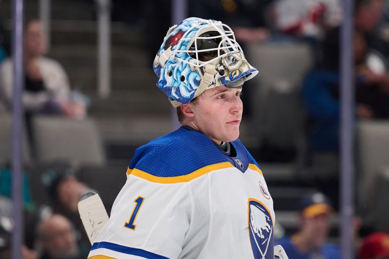 Jan 27, 2024; San Jose, California, USA; Buffalo Sabres goaltender Ukko-Pekka Luukkonen (1) looks on during the second period against the San Jose Sharks at SAP Center at San Jose. Mandatory Credit: Robert Edwards-USA TODAY Sports