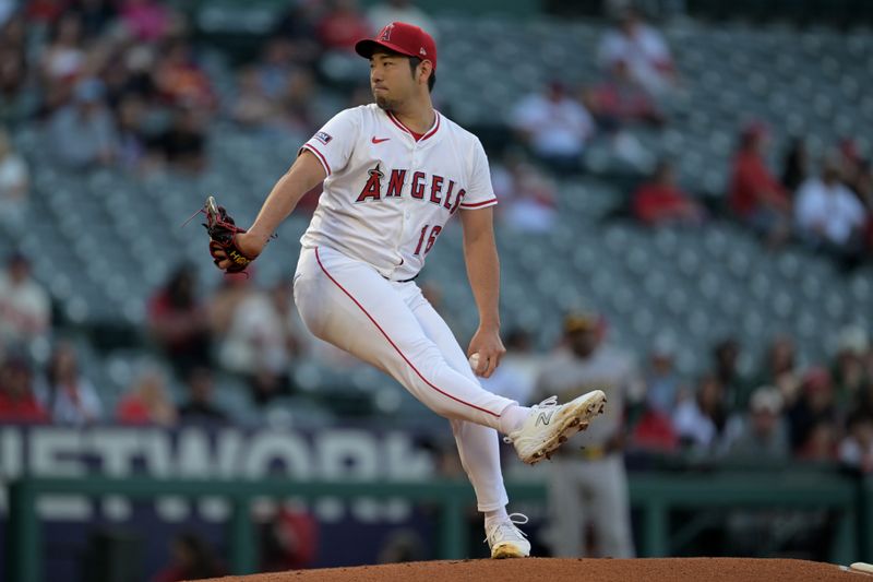 Jun 9, 2025; Anaheim, California, USA;  Los Angeles Angels starting pitcher Yusei Kikuchi (16) delivers to the plate in the first inning against the Athletics at Angel Stadium. Mandatory Credit: Jayne Kamin-Oncea-Imagn Images