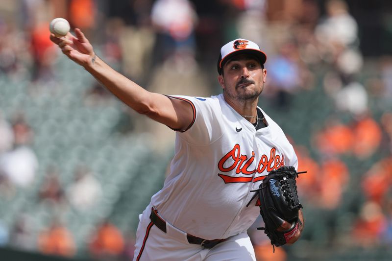 Sep 19, 2024; Baltimore, Maryland, USA; Baltimore Orioles pitcher Zach Efflin (24) delivers a first inning pitch against the San Francisco Giants at Oriole Park at Camden Yards. Mandatory Credit: Mitch Stringer-Imagn Images