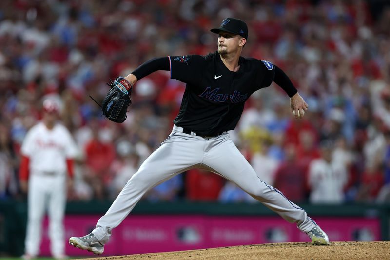 Oct 4, 2023; Philadelphia, Pennsylvania, USA; Miami Marlins starting pitcher Braxton Garrett (29) throws a pitch against the Philadelphia Phillies during the first inning for game two of the Wildcard series for the 2023 MLB playoffs at Citizens Bank Park. Mandatory Credit: Bill Streicher-USA TODAY Sports