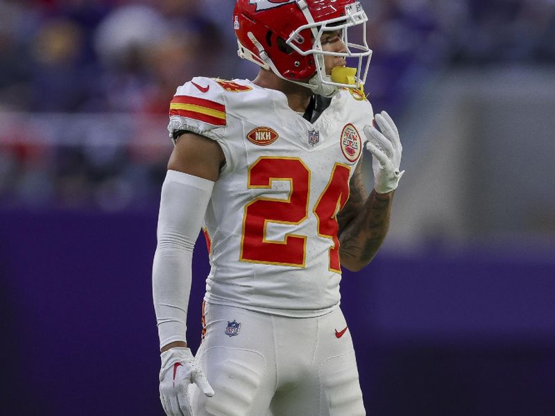 Kansas City Chiefs wide receiver Skyy Moore (24) in action against the Minnesota Vikings during the second half of an NFL football game Sunday, Oct. 8, 2023 in Minneapolis. (AP Photo/Stacy Bengs)