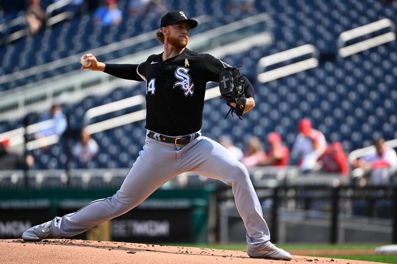 Sep 20, 2023; Washington, District of Columbia, USA; Chicago White Sox starting pitcher Michael Kopech (34) throws to the Washington Nationals during the first inning at Nationals Park. Mandatory Credit: Brad Mills-USA TODAY Sports