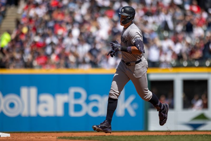 Apr 14, 2024; Cleveland, Ohio, USA; New York Yankees center fielder Aaron Judge (99) runs the bases for his three-run home run during the third inning against the Cleveland Guardians at Progressive Field. Mandatory Credit: Scott Galvin-USA TODAY Sports