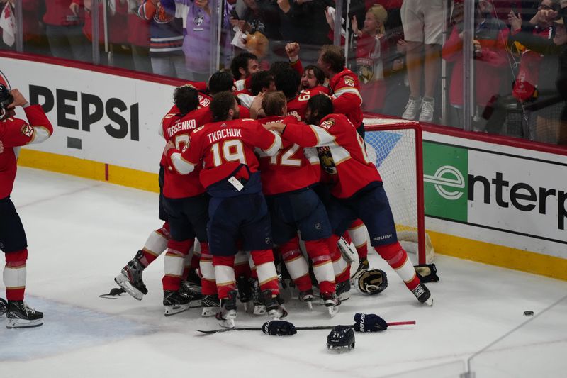 Jun 24, 2024; Sunrise, Florida, USA; Florida Panthers celebrate winning against the Edmonton Oilers in game seven of the 2024 Stanley Cup Final at Amerant Bank Arena. Mandatory Credit: Jim Rassol-USA TODAY Sports