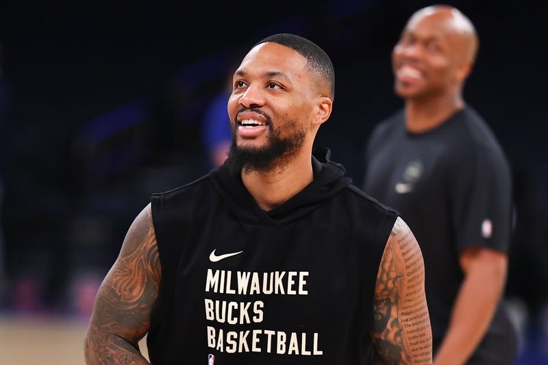 NEW YORK, NEW YORK - DECEMBER 25:  Damian Lillard #0 of the Milwaukee Bucks smiles during warm up prior to the game against the New York Knicks at Madison Square Garden on December 25, 2023 in New York City.  NOTE TO USER: User expressly acknowledges and agrees that, by downloading and or using this photograph, User is consenting to the terms and conditions of the Getty Images License Agreement. (Photo by Rich Graessle/Getty Images)