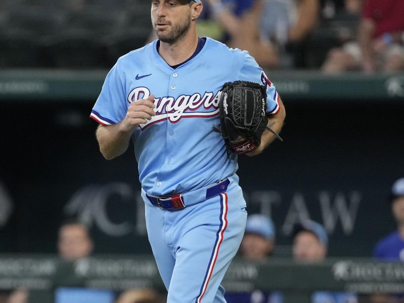 Jun 23, 2024; Arlington, Texas, USA; Texas Rangers starting pitcher Max Scherzer (31) takes the mound during the first inning against the Kansas City Royals at Globe Life Field. Mandatory Credit: Jim Cowsert-USA TODAY Sports