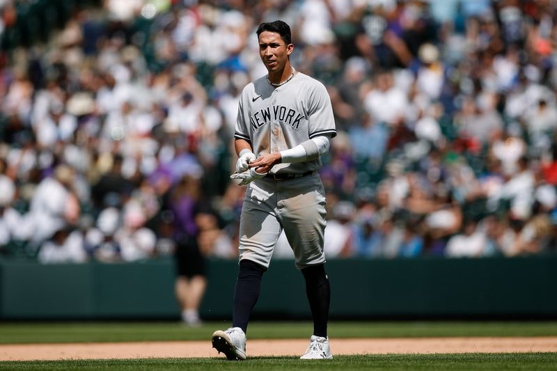 Jul 16, 2023; Denver, Colorado, USA; New York Yankees right fielder Oswaldo Cabrera (95) in the sixth inning against the Colorado Rockies at Coors Field. Mandatory Credit: Isaiah J. Downing-USA TODAY Sports