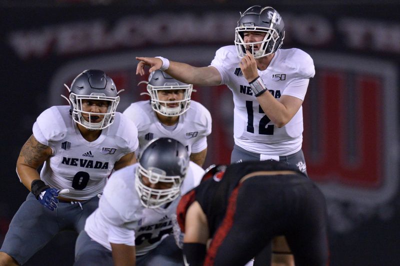 Nov 9, 2019; San Diego, CA, USA; Nevada Wolf Pack quarterback Carson Strong (12) yells before the snap against the San Diego State Aztecs during the first quarter at SDCCU Stadium. Mandatory Credit: Jake Roth-USA TODAY Sports