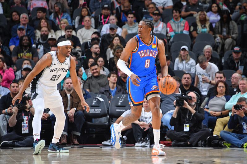 SAN ANTONIO, TX - FEBRUARY 29:  Jalen Williams #8 of the Oklahoma City Thunder dribbles the ball during the game against the San Antonio Spurs on February 29, 2024 at the Frost Bank Center in San Antonio, Texas. NOTE TO USER: User expressly acknowledges and agrees that, by downloading and or using this photograph, user is consenting to the terms and conditions of the Getty Images License Agreement. Mandatory Copyright Notice: Copyright 2024 NBAE (Photos by Michael Gonzales/NBAE via Getty Images)