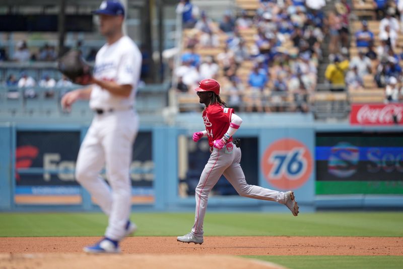 Jul 30, 2023; Los Angeles, California, USA; Cincinnati Reds third baseman Elly De La Cruz (44) rounds the bases after hitting a home run against Los Angeles Dodgers starting pitcher Michael Grove (78) in the second inning at Dodger Stadium. Mandatory Credit: Kirby Lee-USA TODAY Sports