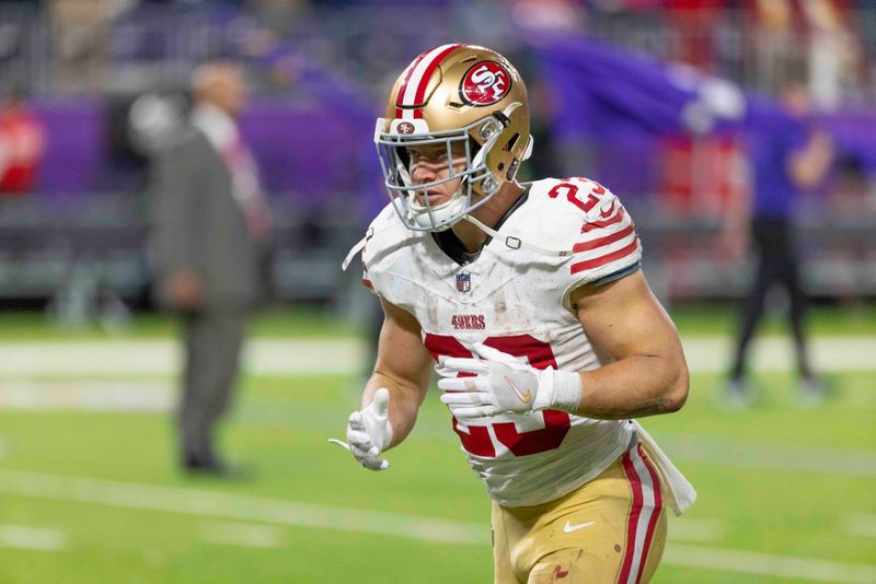 San Francisco 49ers running back Christian McCaffrey leaves the field after an NFL football game against the Minnesota Vikings, Monday, Oct. 23, 2023, in Minneapolis. (AP Photo/Andy Clayton-King)