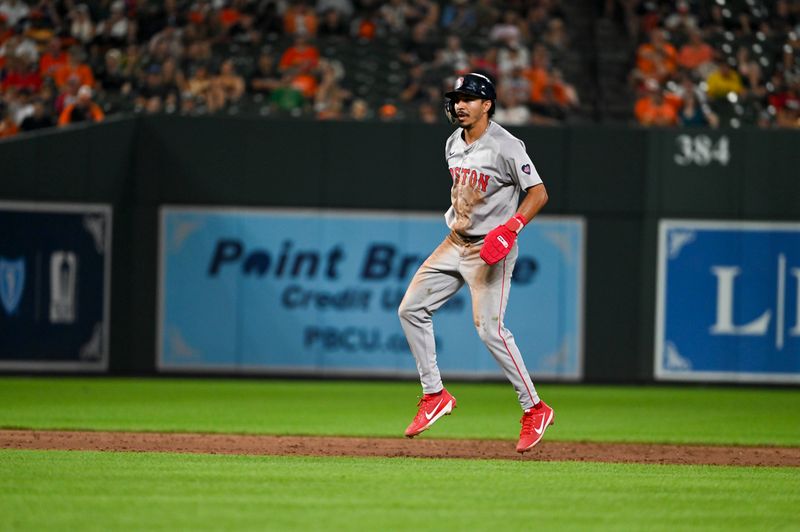 Aug 16, 2024; Baltimore, Maryland, USA; Boston Red Sox shortstop David Hamilton (70) leads off second base after hitting a ninth inning rbi double against the Baltimore Orioles  at Oriole Park at Camden Yards. Mandatory Credit: Tommy Gilligan-USA TODAY Sports