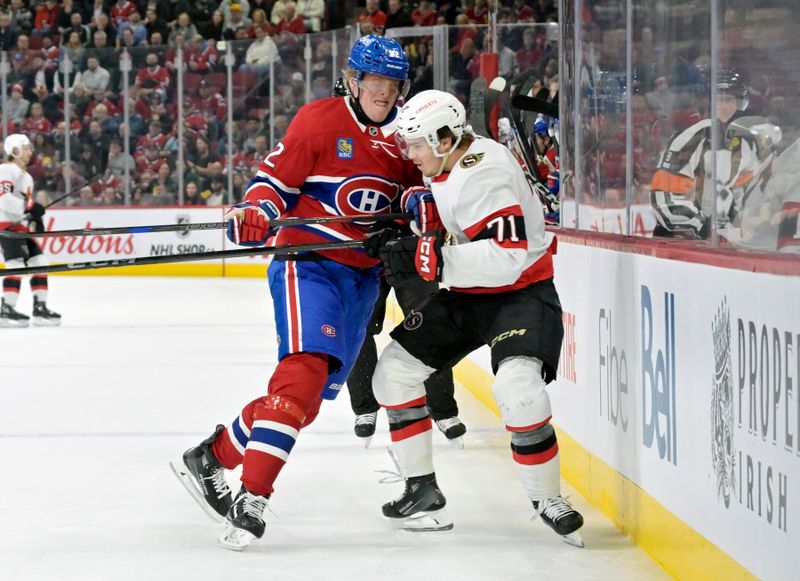 Mar 18, 2025; Montreal, Quebec, CAN; Montreal Canadiens forward Patrik Laine (92) checks Ottawa Senators forward Ridly Greig (71) during the first period at the Bell Centre. Mandatory Credit: Eric Bolte-Imagn Images