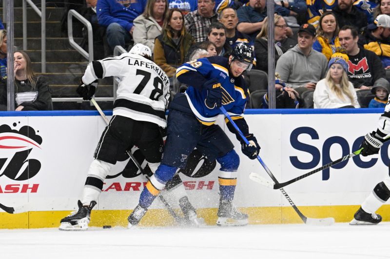 Jan 28, 2024; St. Louis, Missouri, USA; St. Louis Blues left wing Pavel Buchnevich (89) battles Los Angeles Kings right wing Alex Laferriere (78) during the first period at Enterprise Center. Mandatory Credit: Jeff Le-USA TODAY Sports