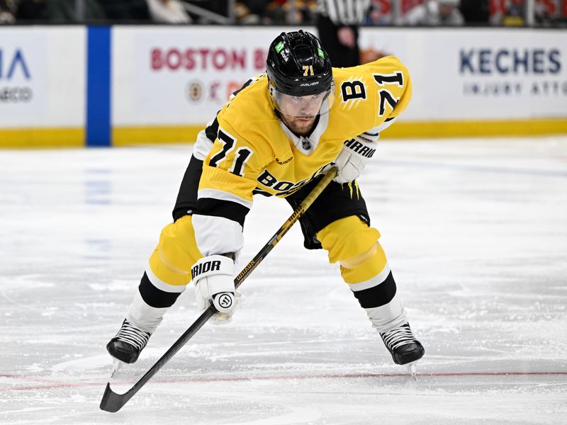 Mar 7, 2026; Boston, Massachusetts, USA; Boston Bruins left wing Viktor Arvidsson (71) watches a face-off against the Washington Capitals during the third period at the TD Garden. Mandatory Credit: Brian Fluharty-Imagn Images