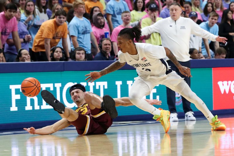 Jan 27, 2024; University Park, Pennsylvania, USA; Minnesota Golden Gophers forward Dawson Garcia (3) loses control of the ball as Penn State Nittany Lions guard Nick Kern Jr (3) chases after the ball during the first half at Bryce Jordan Center. Mandatory Credit: Matthew O'Haren-USA TODAY Sports