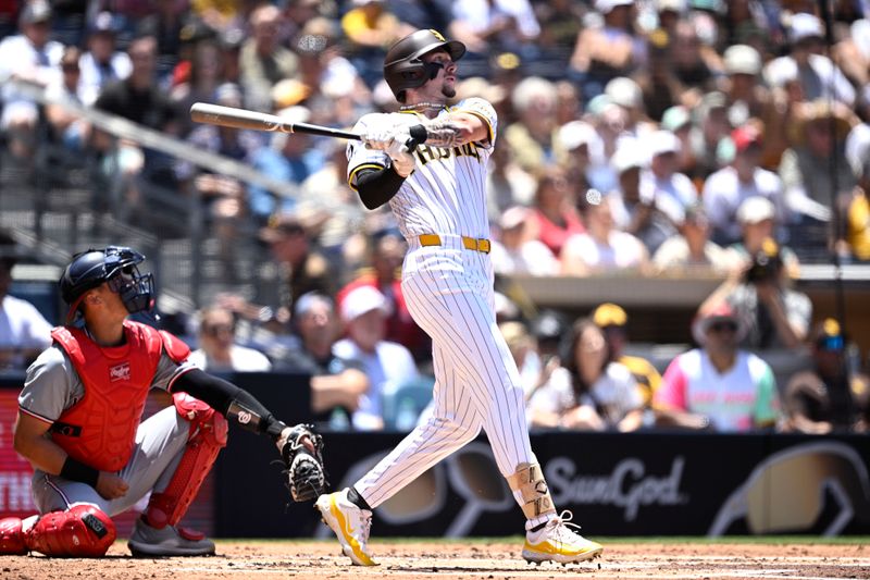 Jun 26, 2024; San Diego, California, USA; San Diego Padres center fielder Jackson Merrill (3) hits a single against the Washington Nationals during the second inning at Petco Park. Mandatory Credit: Orlando Ramirez-USA TODAY Sports