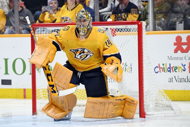 Feb 27, 2024; Nashville, Tennessee, USA; Nashville Predators goaltender Juuse Saros (74) after a save during the second period against the Ottawa Senators at Bridgestone Arena. Mandatory Credit: Christopher Hanewinckel-USA TODAY Sports