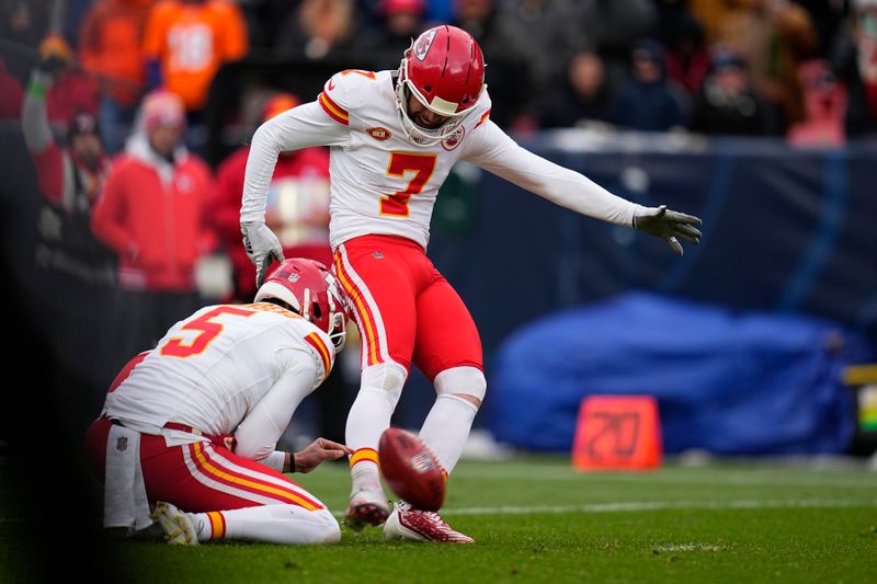 iKansas City Chiefs place-kicker Harrison Butker (7) makes a 23-yard field goal during the first half of an NFL football game against the Denver Broncos Sunday, Oct. 29, 2023, in Denver. (AP Photo/Jack Dempsey)