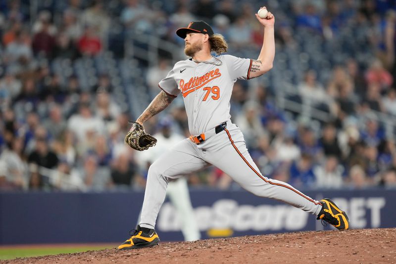 Jun 4, 2024; Toronto, Ontario, CAN;  Baltimore Orioles pitcher Nick Vespi (79) pitches to the Toronto Blue Jays during the ninth inning at Rogers Centre. Mandatory Credit: John E. Sokolowski-USA TODAY Sports