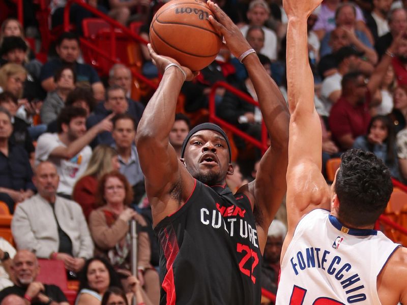 MIAMI, FL - MARCH 5: Jimmy Butler #22 of the Miami Heat shoots the ball during the game against the Detroit Pistons on March 5, 2024 at Kaseya Center in Miami, Florida. NOTE TO USER: User expressly acknowledges and agrees that, by downloading and or using this Photograph, user is consenting to the terms and conditions of the Getty Images License Agreement. Mandatory Copyright Notice: Copyright 2024 NBAE (Photo by Issac Baldizon/NBAE via Getty Images)