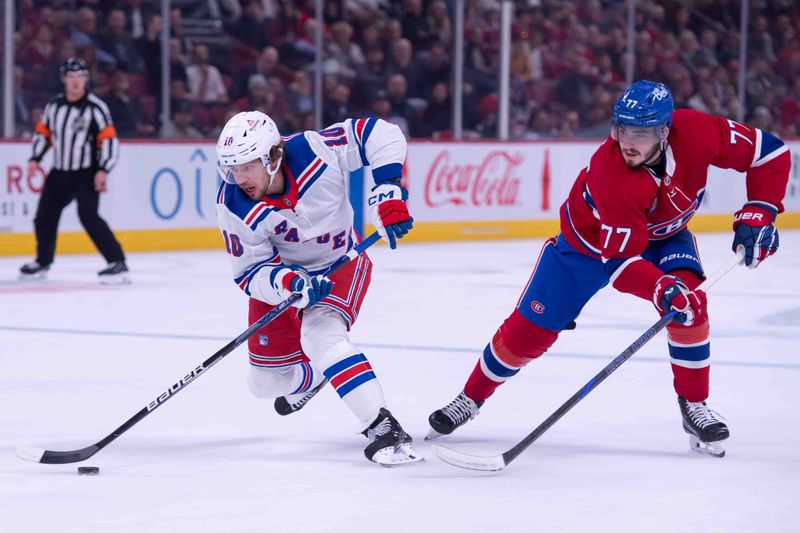 Oct 22, 2024; Ottawa, Ontario, CAN; New York Rangers left wing Artemi Panarin (10) skates away from Montreal Canadiens center Kirby Dach (77) in the first period at the Bell Centre. Mandatory Credit: Marc DesRosiers-Imagn Images