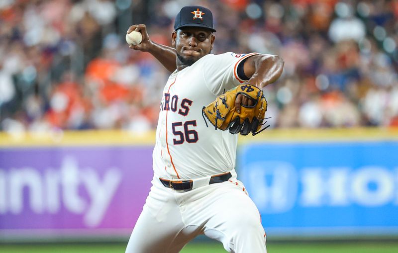 Jun 22, 2024; Houston, Texas, USA; Houston Astros starting pitcher Ronel Blanco (56) delivers a pitch during the second inning against the Baltimore Orioles at Minute Maid Park. Mandatory Credit: Troy Taormina-USA TODAY Sports