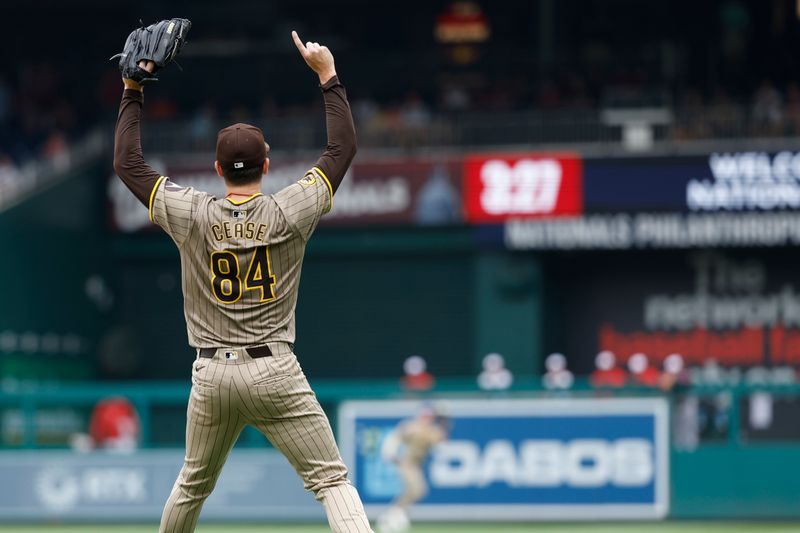 Jul 25, 2024; Washington, District of Columbia, USA; San Diego Padres starting pitcher Dylan Cease (84) celebrates while watching the final out of a no-hitter against the Washington Nationals at Nationals Park. Mandatory Credit: Geoff Burke-USA TODAY Sports