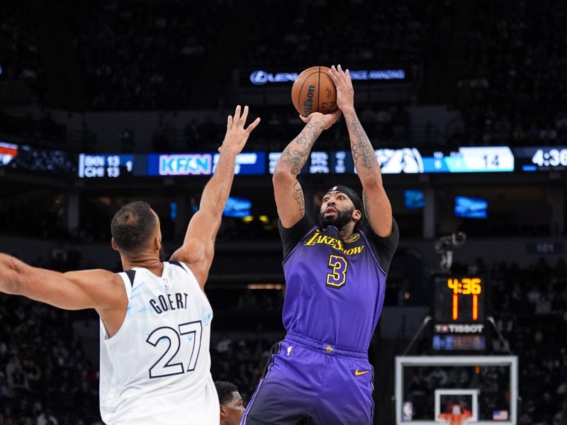 MINNEAPOLIS, MN - DECEMBER 2: Anthony Davis #3 of the Los Angeles Lakers shoots the ball during the game against the Minnesota Timberwolves on December 2, 2024 at Target Center in Minneapolis, Minnesota. NOTE TO USER: User expressly acknowledges and agrees that, by downloading and or using this Photograph, user is consenting to the terms and conditions of the Getty Images License Agreement. Mandatory Copyright Notice: Copyright 2024 NBAE (Photo by Jordan Johnson/NBAE via Getty Images)