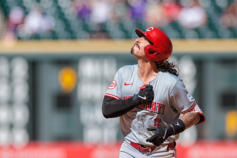 Jun 5, 2024; Denver, Colorado, USA; Cincinnati Reds second base Jonathan India (6) runs the bases after hitting a home run during the ninth inning against the Colorado Rockies at Coors Field. Mandatory Credit: Andrew Wevers-USA TODAY Sports