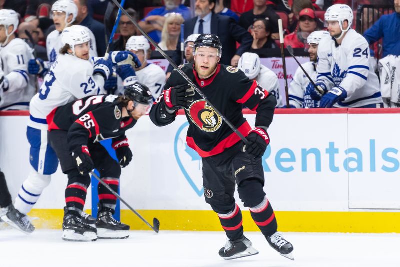 May 1, 2025; Ottawa, Ontario, CAN; Ottawa Senators defenseman Nicholas Matinpalo (33) follows the puck in game six of the first round of the 2025 Stanley Cup Playoffs against the Toronto Maple Leafs at Canadian Tire Centre. Mandatory Credit: Marc DesRosiers-Imagn Images